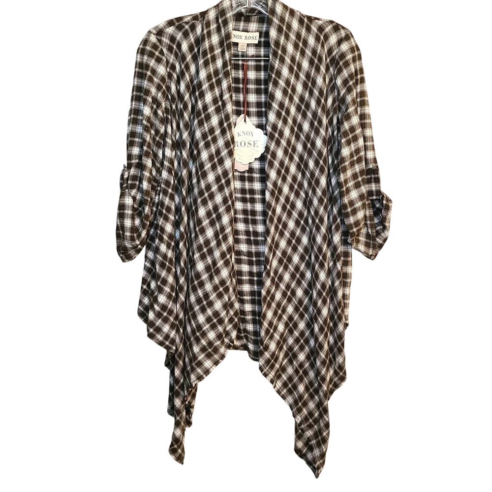 Knox Rose Plaid Flannel Shawl Cardigan - Fringe Hem, Tab Sleeves, Size XS, New